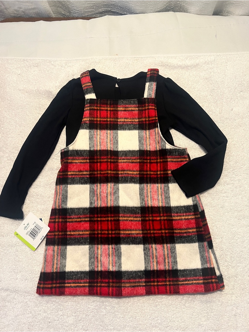 Little Me Red Black Cream Plaid Pinafore Dress Set Size 4